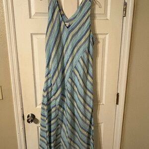 Linen Striped Sleeveless Dress - Blue and Green